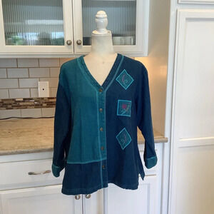 Vintage Amica Shirt Boho Embroidery Denim Button Up Blue Size Large